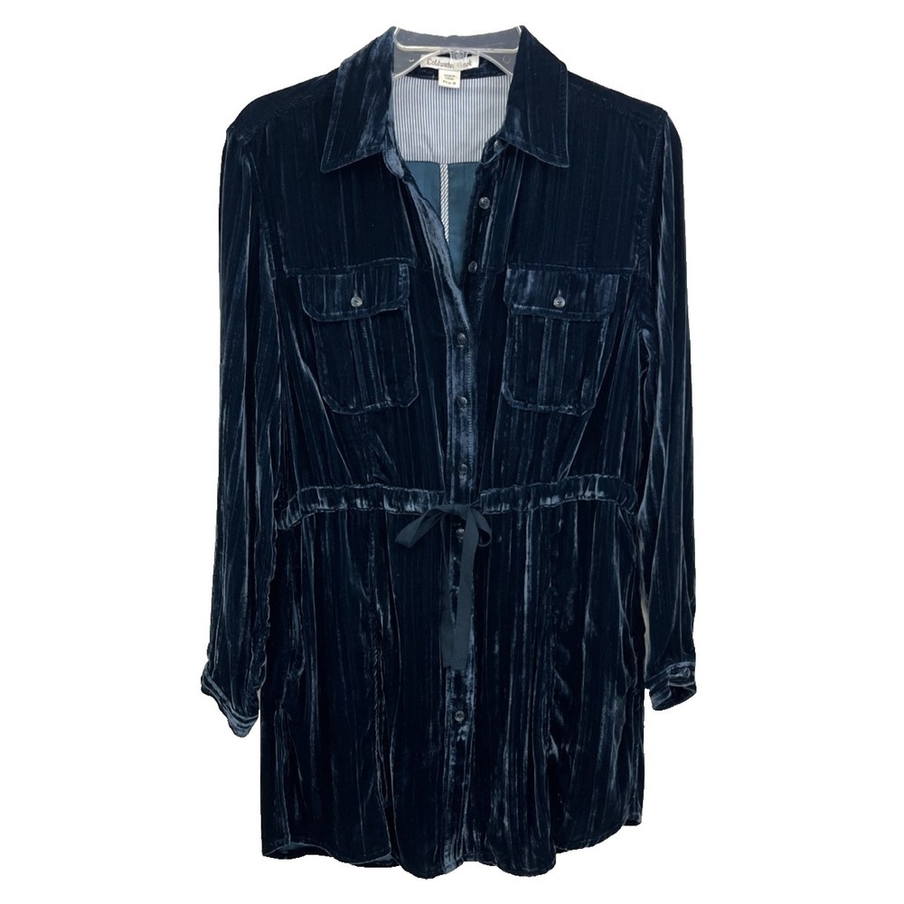 Coldwater Creek Velvet Tunic Top Size PS (6-8) Dark Blue Pockets Crinkle Tie